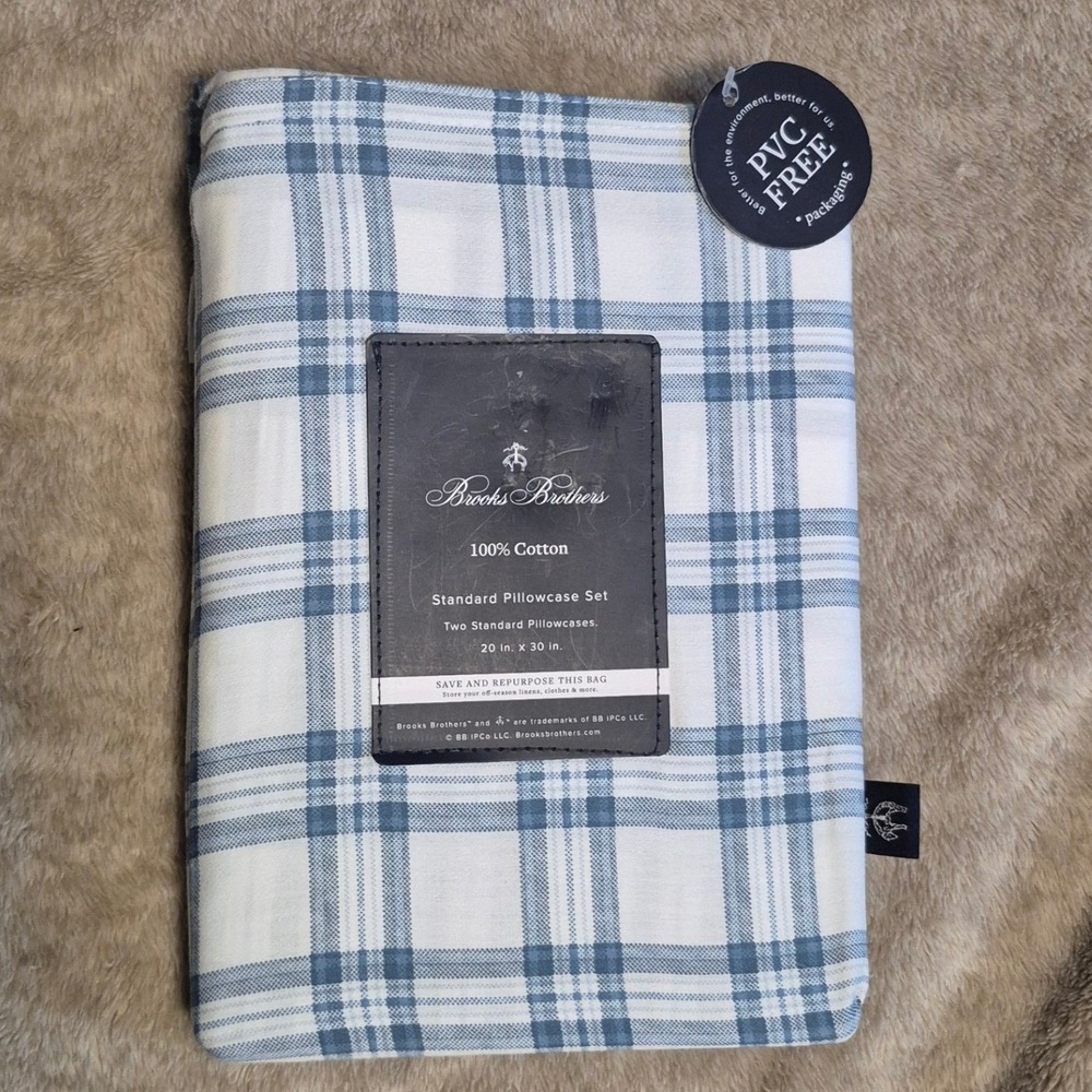 Brooks Brothers 100% Cotton Standard Pillowcase Set 2pc Blue White Plaid New